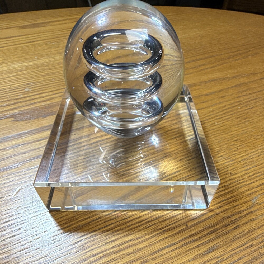 Sweden Clear Glass Orb Paperweight Spiral Design Square Base